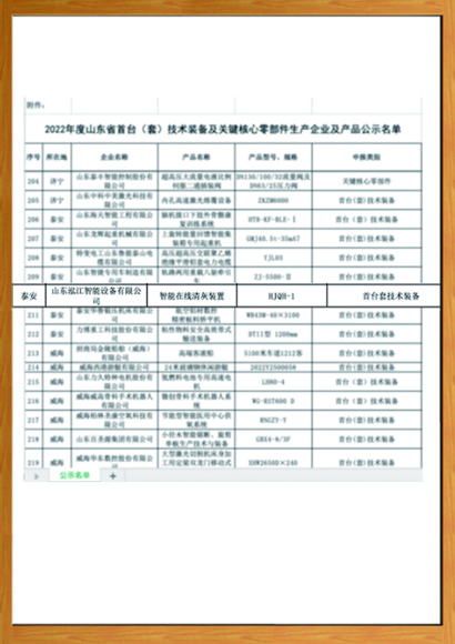 山东省首台（套）技术装备及关键核心零部件
